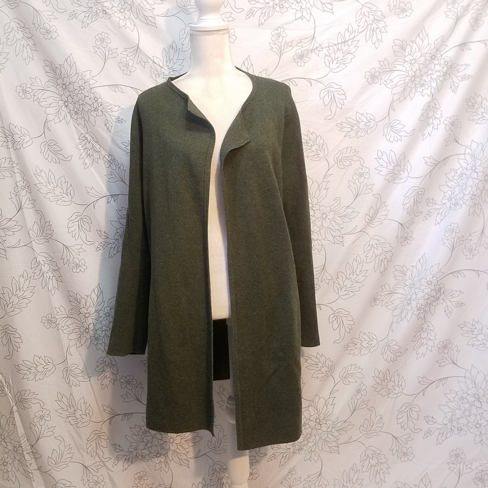 J Crew Factory Long Line Green Open Front Cardigan